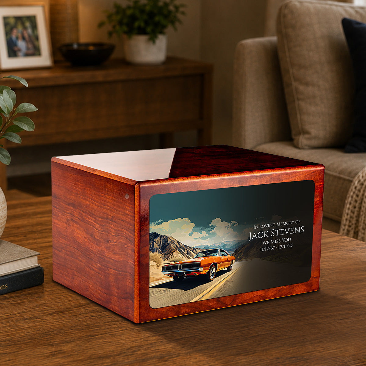 Custom Printed Heritage Rosewood Classic Car Wood Box Cremation Urn
