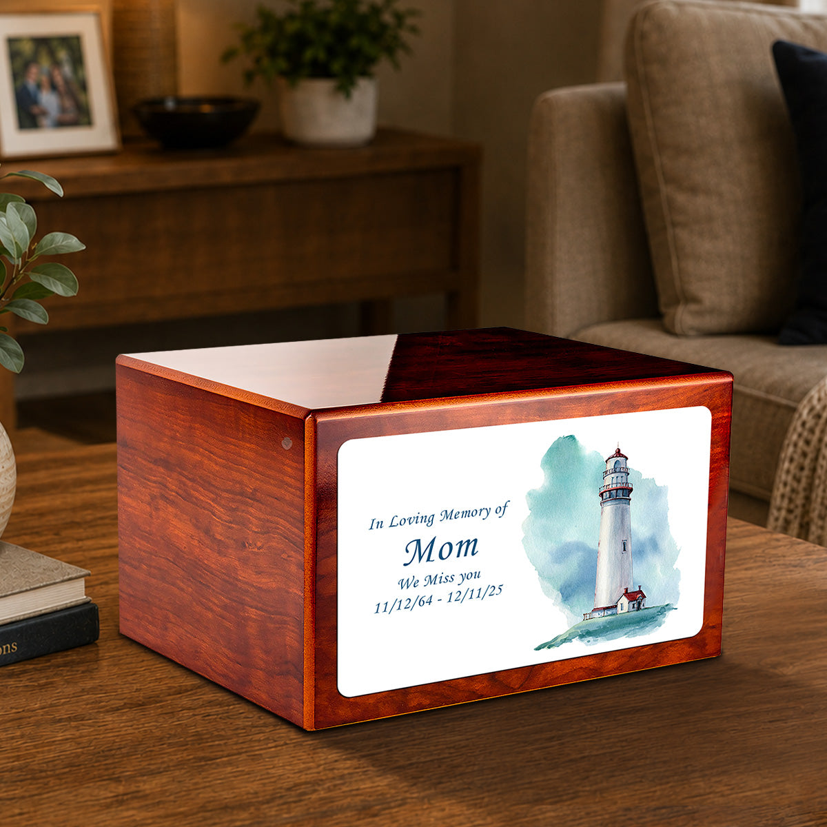 Custom Printed Heritage Rosewood Lighthouse Wood Box Cremation Urn