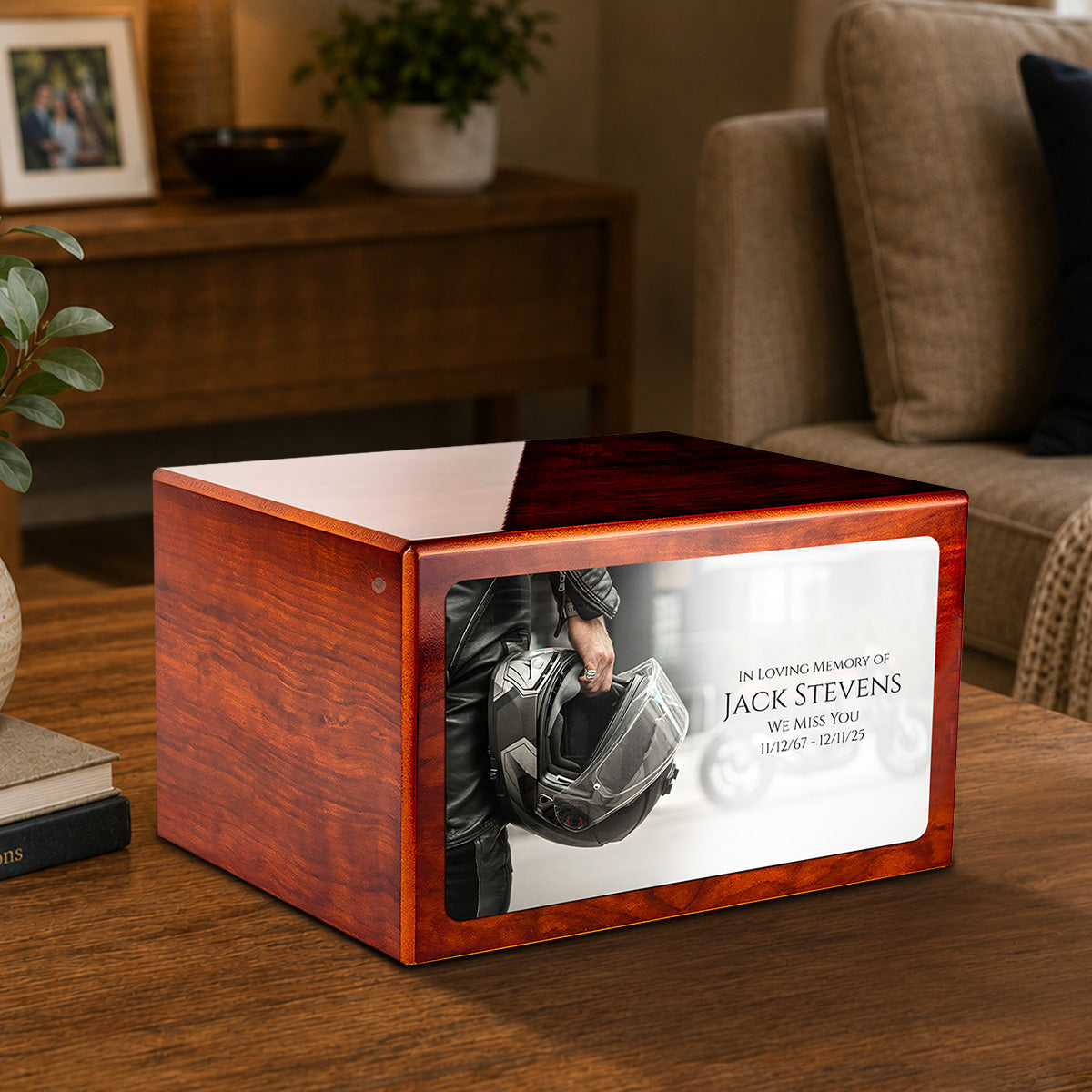 Custom Printed Heritage Rosewood Motorcycle Helmet Wood Box Cremation Urn