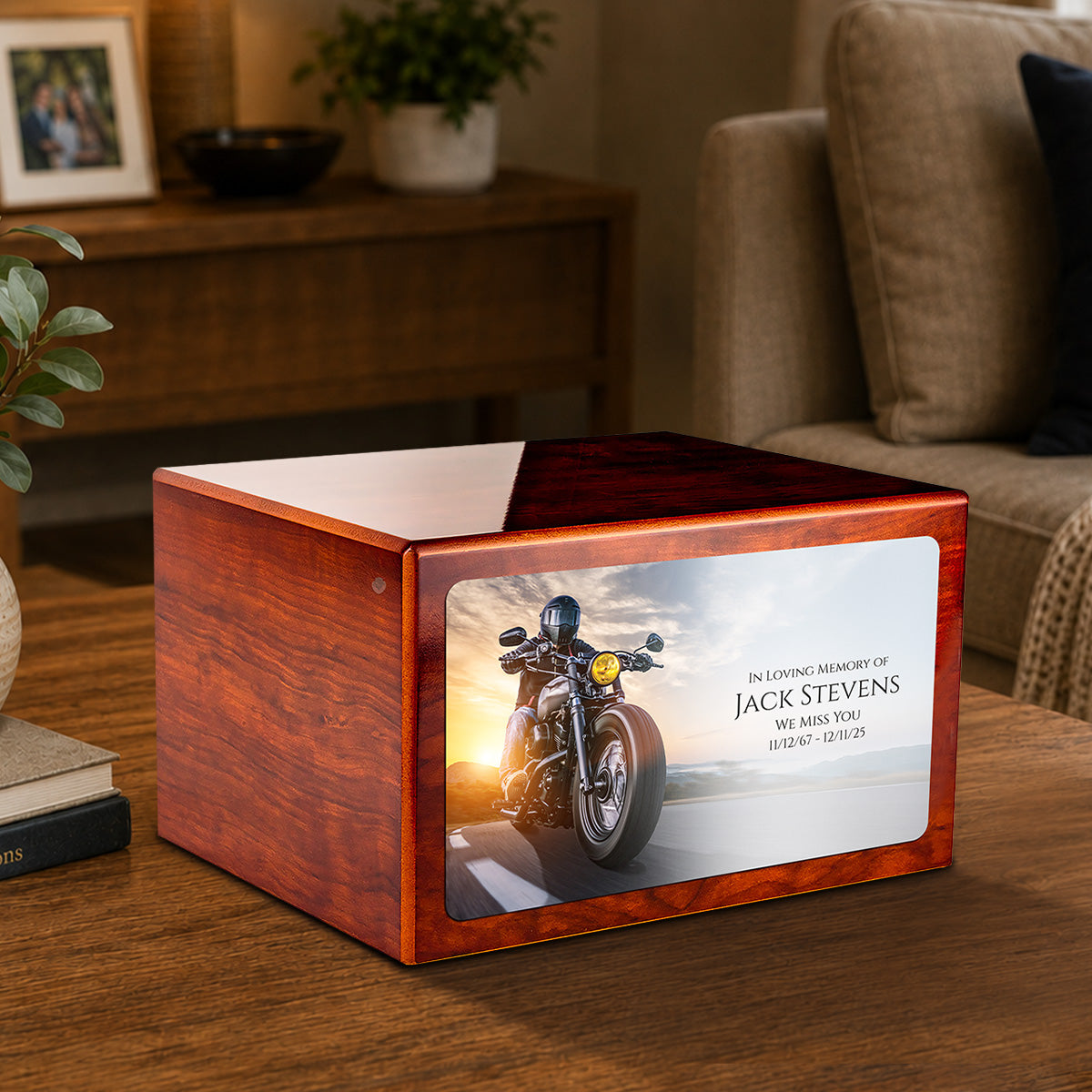 Custom Printed Heritage Rosewood Motorcycle Wood Box Cremation Urn
