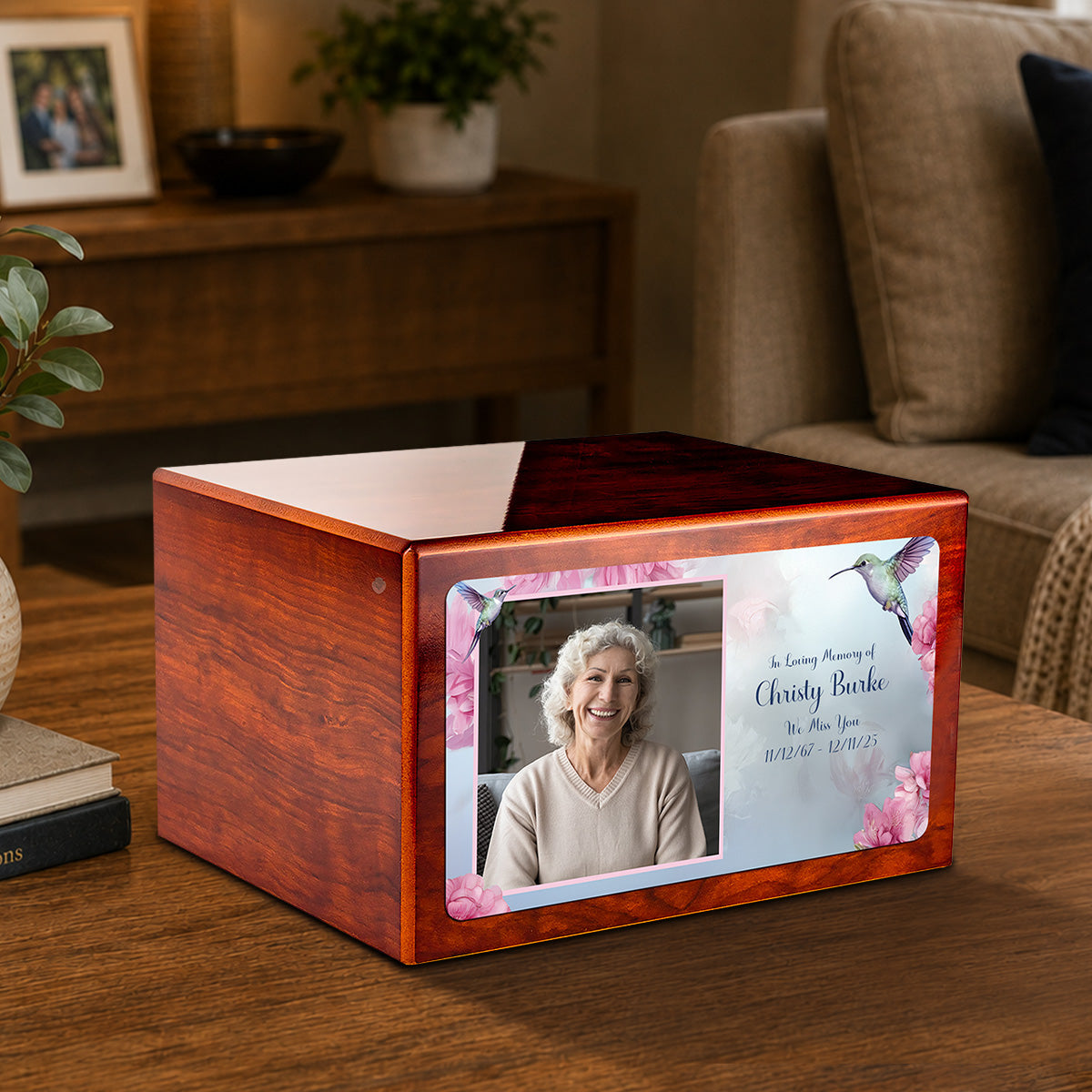 Custom Printed Heritage Rosewood Photo Hummingbird Wood Box Cremation Urn
