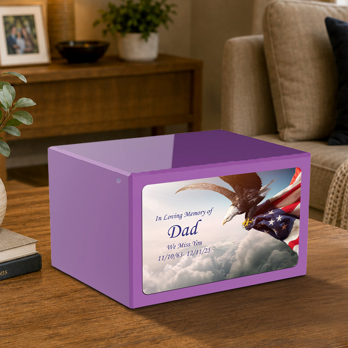 Custom Printed Heritage Purple American Eagle Wood Box Cremation Urn