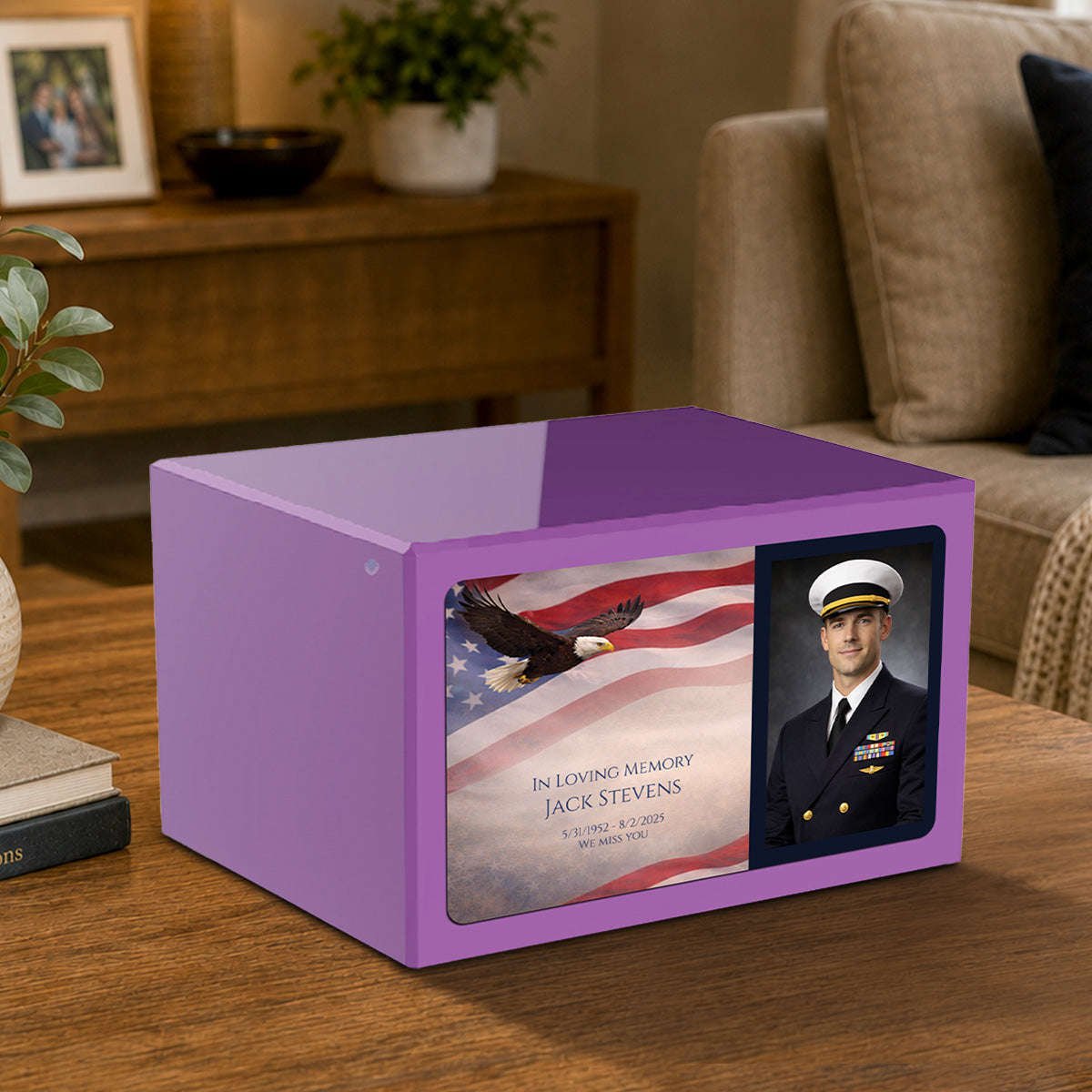 Custom Printed Heritage Purple Photo American Glory Wood Box Cremation Urn