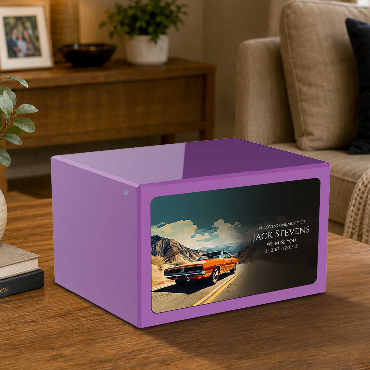 Custom Printed Heritage Purple Classic Car Wood Box Cremation Urn