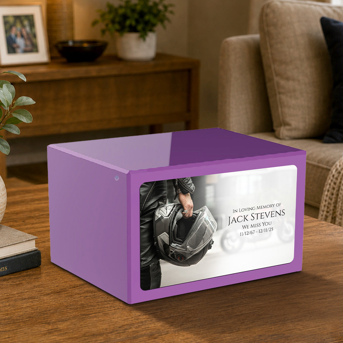 Custom Printed Heritage Purple Motorcycle Helmet Wood Cremation Urn Box