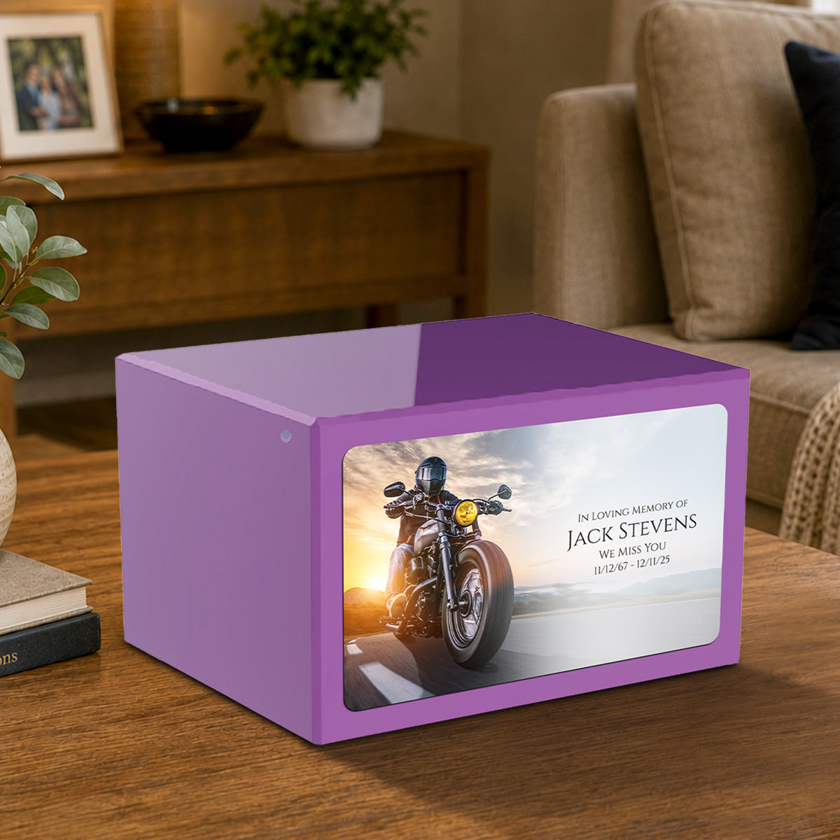Custom Printed Heritage Purple Motorcycle Wood Box Cremation Urn