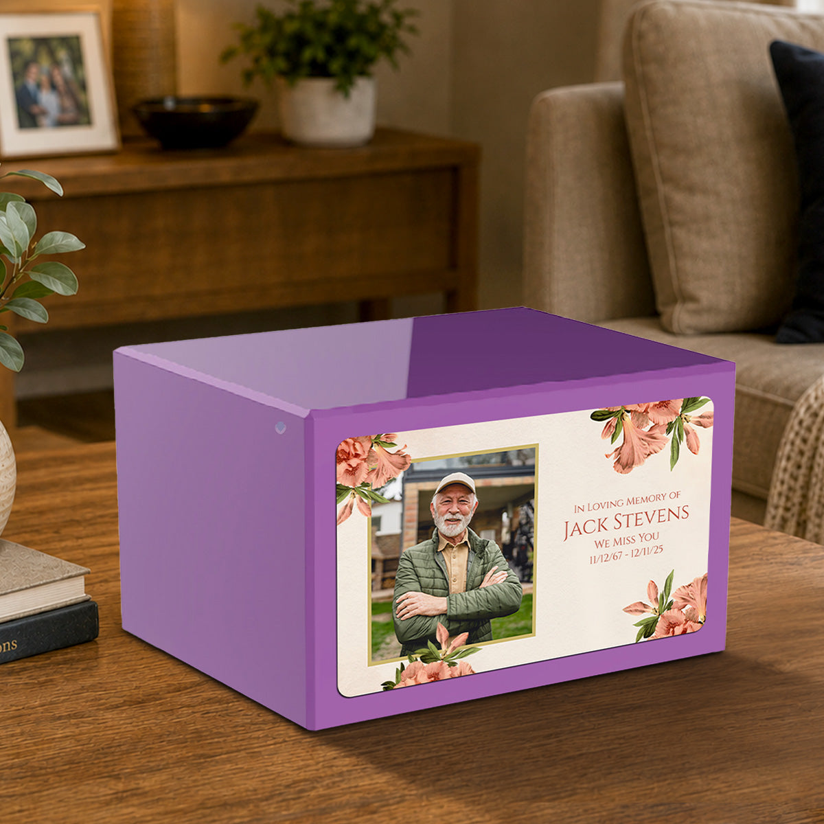 Custom Printed Heritage Purple Azalea Flower Wood Cremation Urn Box