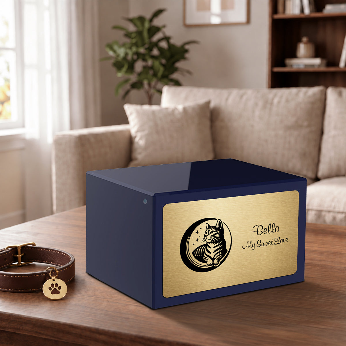 Heritage Navy Cute Cat Large Pet Cremation Box Urn
