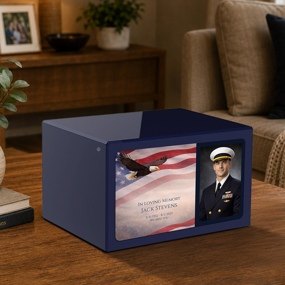 Custom Printed Heritage Navy Blue Photo American Glory Wood Box Cremation Urn