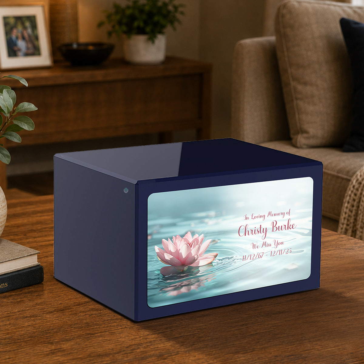 Custom Printed Heritage Navy Blue Lotus Flower Wood Box Cremation Urn