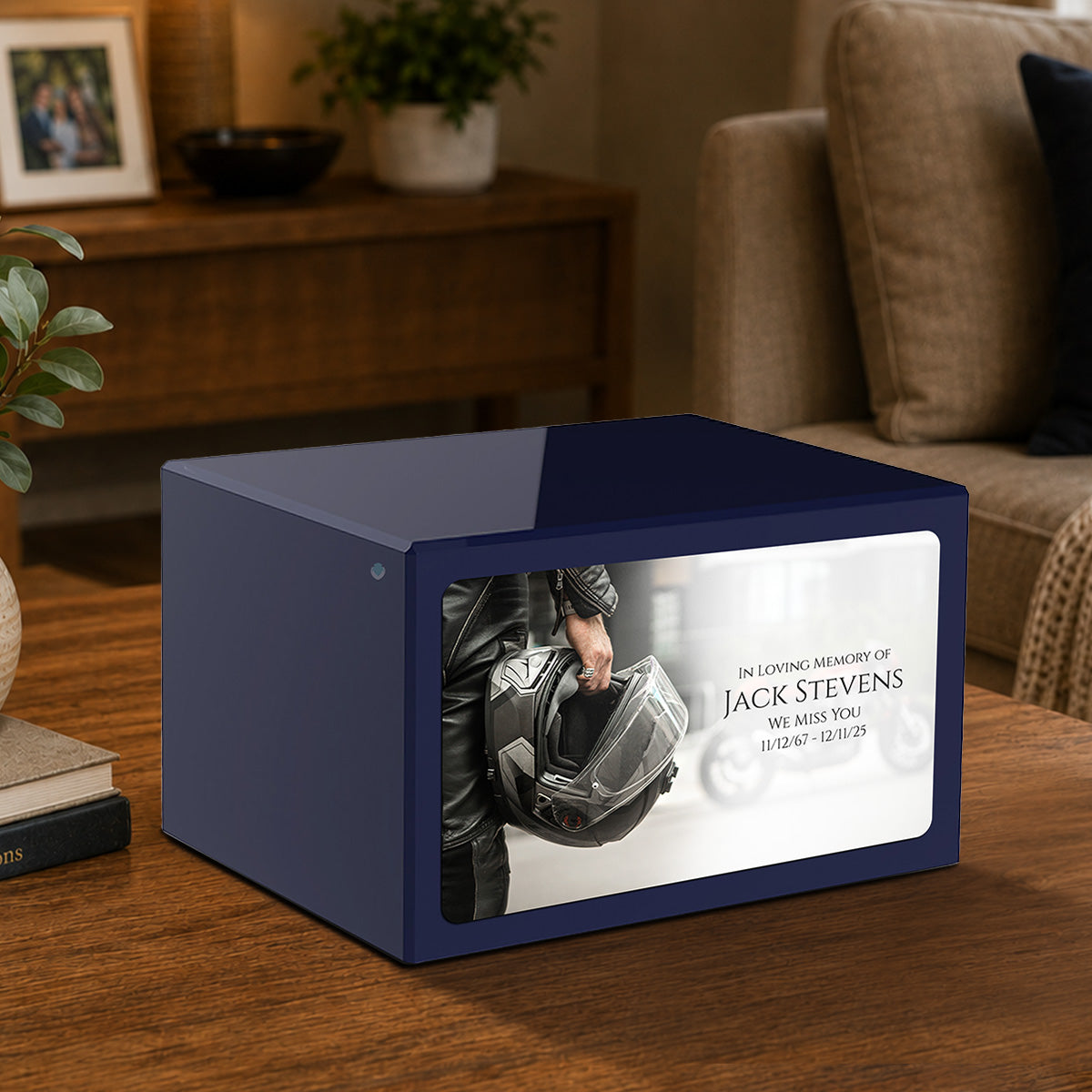 Custom Printed Heritage Navy Blue Motorcycle Helmet Wood Cremation Urn Box
