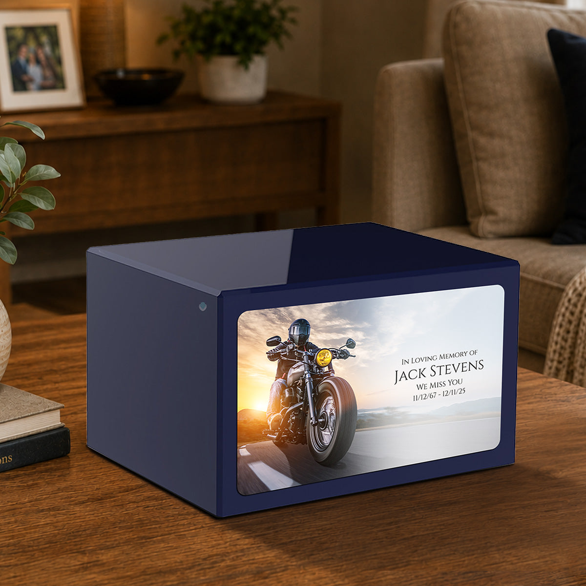Custom Printed Heritage Navy Blue Motorcycle Wood Box Cremation Urn