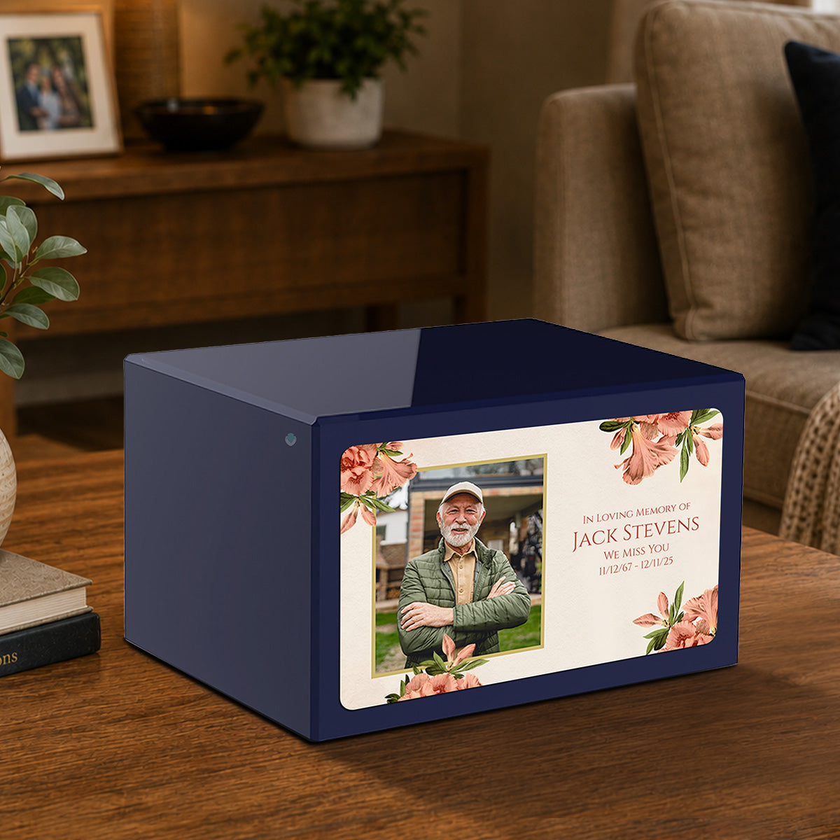 Custom Printed Heritage Navy Blue Azalea Flower Wood Box Cremation Urn
