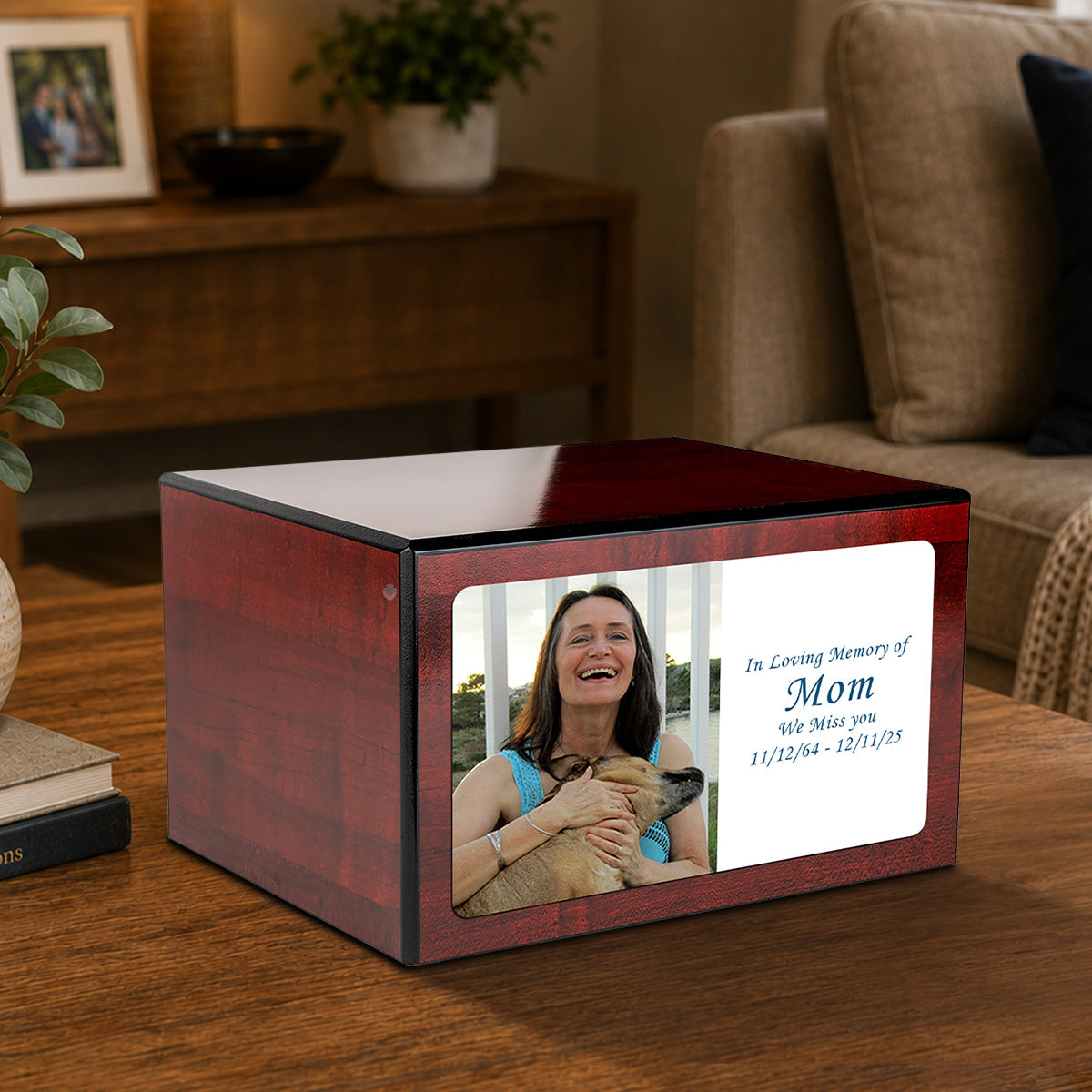 Custom Printed Heritage Cherry Photo Wood Box Cremation Urn
