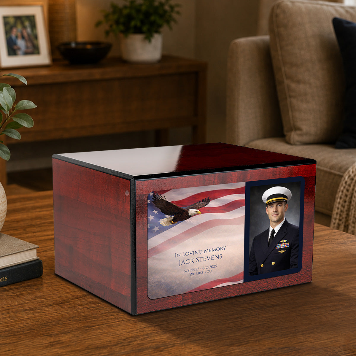 Custom Printed Heritage Cherry Photo American Glory Wood Box Cremation Urn