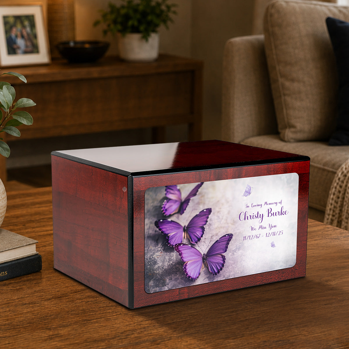 Custom Printed Heritage Cherry Butterflies Wood Box Cremation Urn