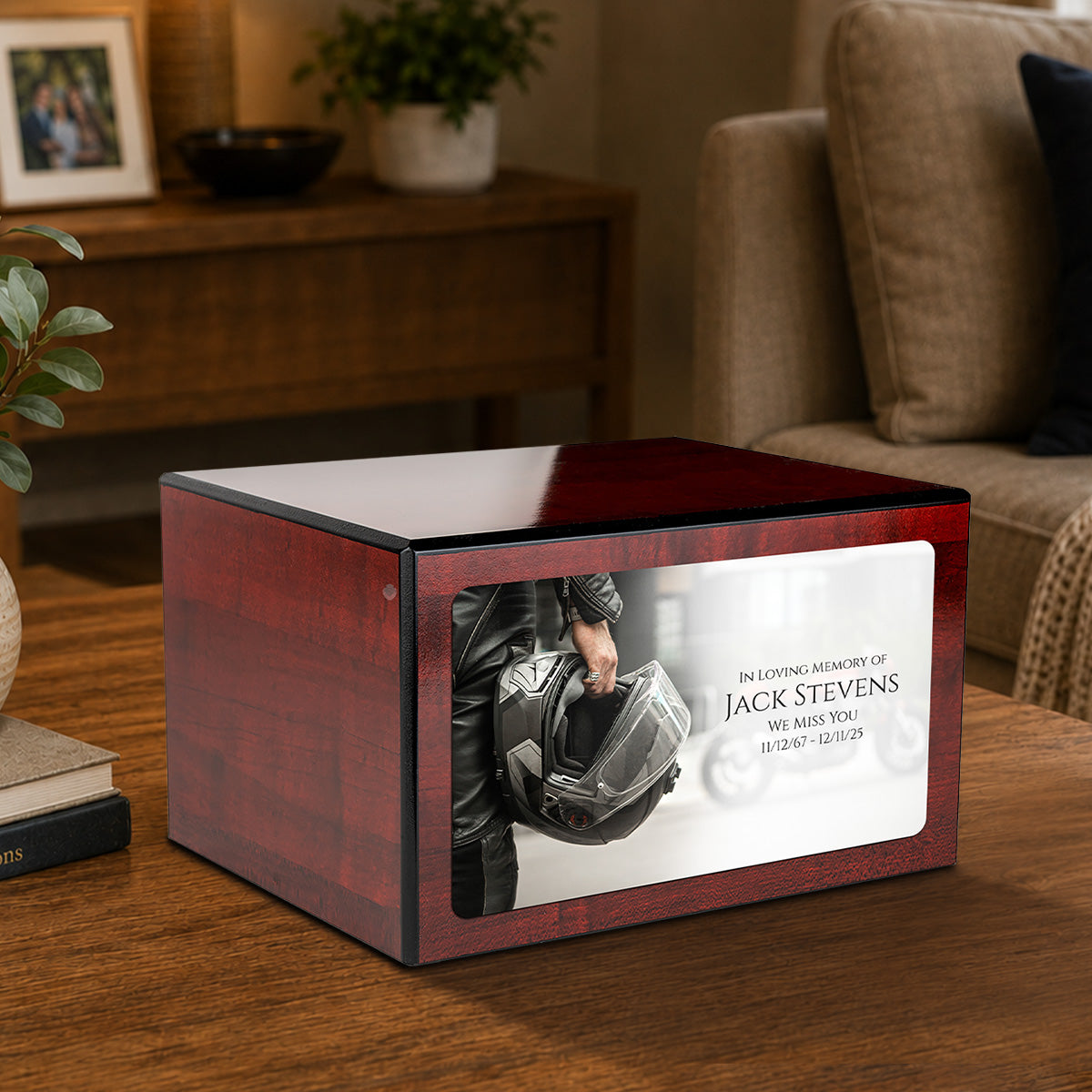 Custom Printed Heritage Cherry Motorcycle Helmet Wood Box Cremation Urn