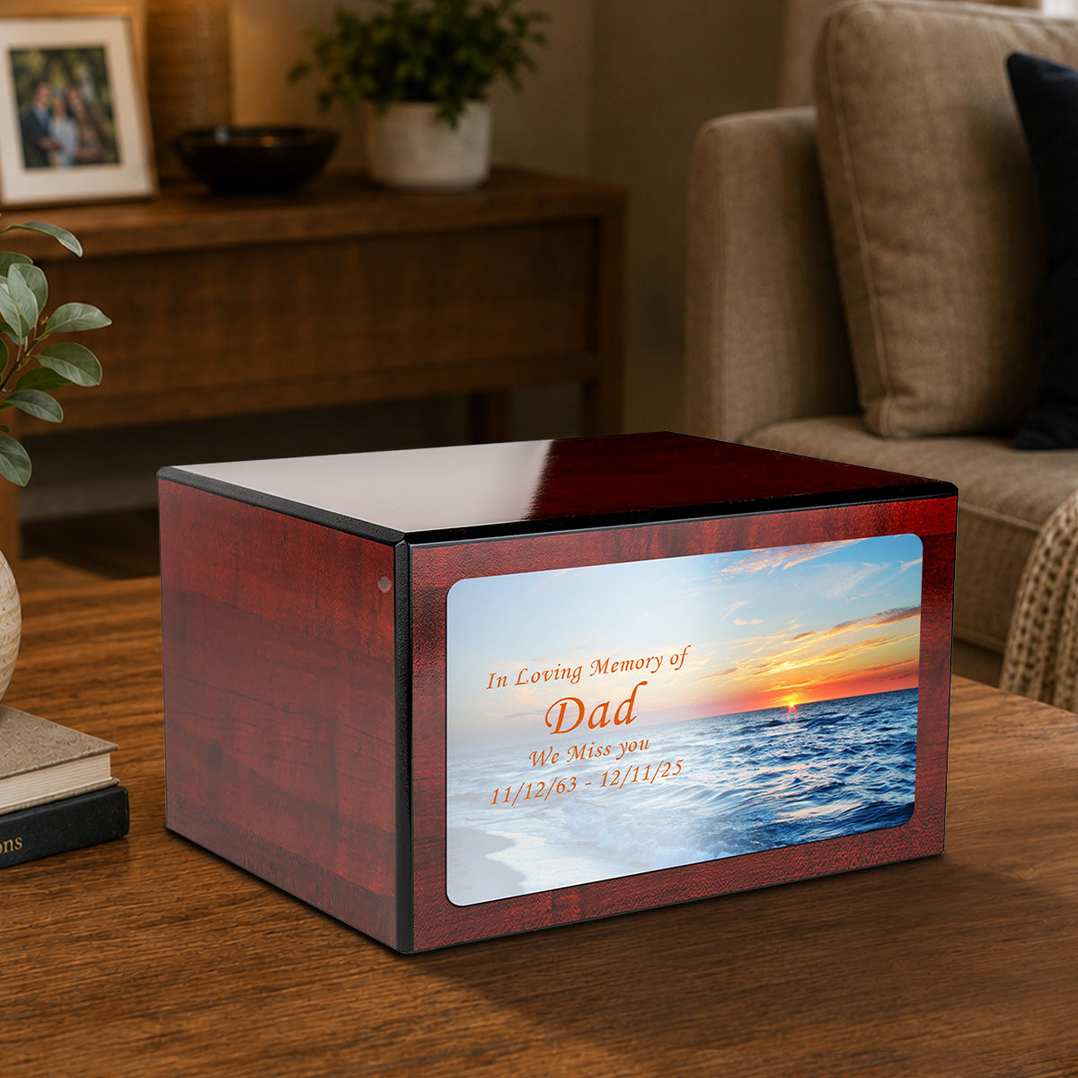 Custom Printed Heritage Cherry Ocean Sunset Wood Box Cremation Urn