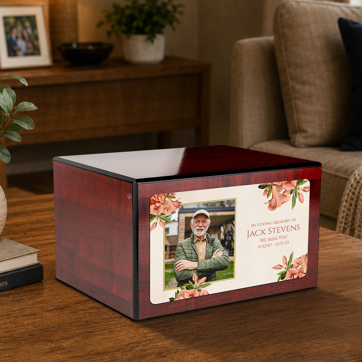Custom Printed Heritage Cherry Azalea Flower Wood Box Cremation Urn