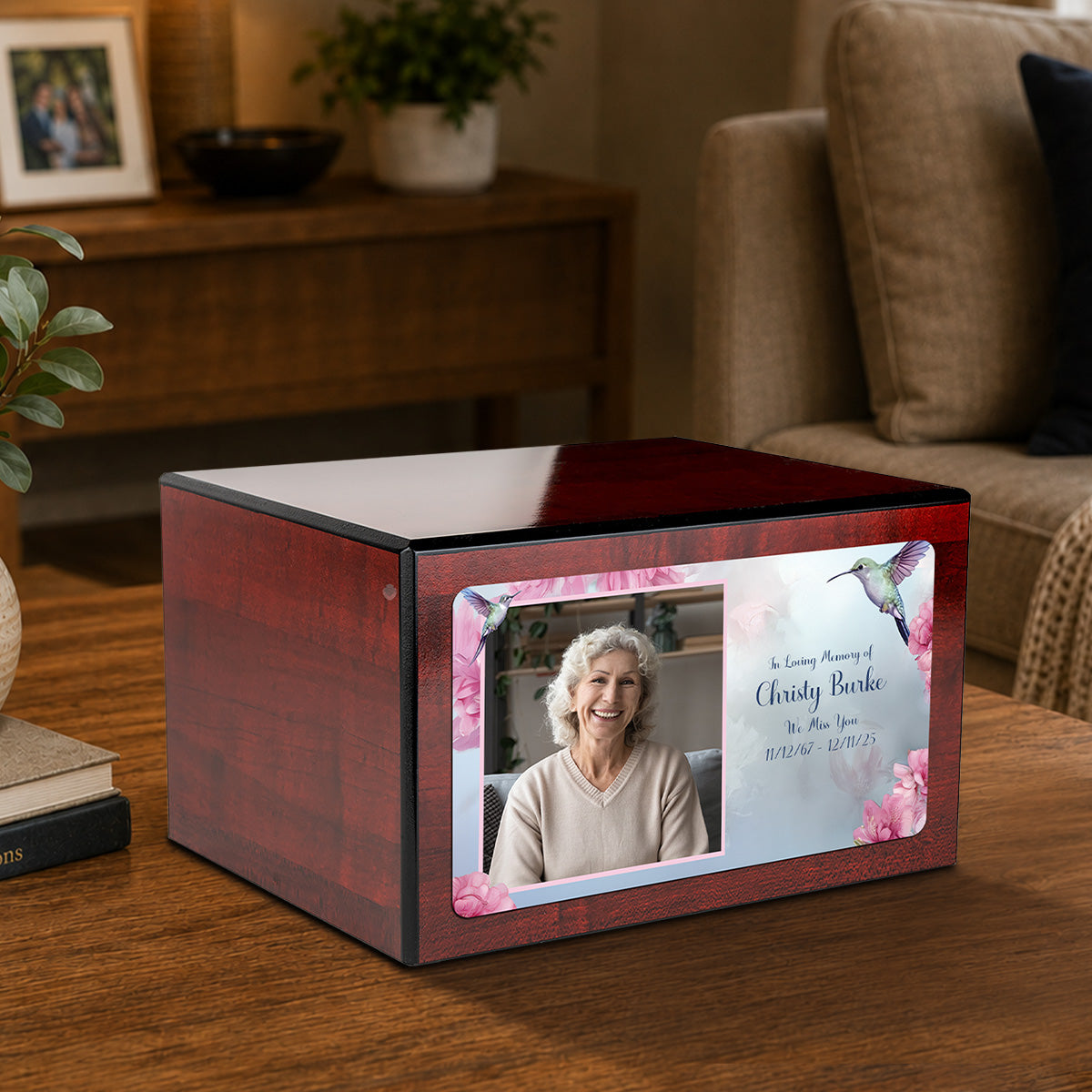Custom Printed Heritage Cherry Photo Hummingbird Wood Box Cremation Urn