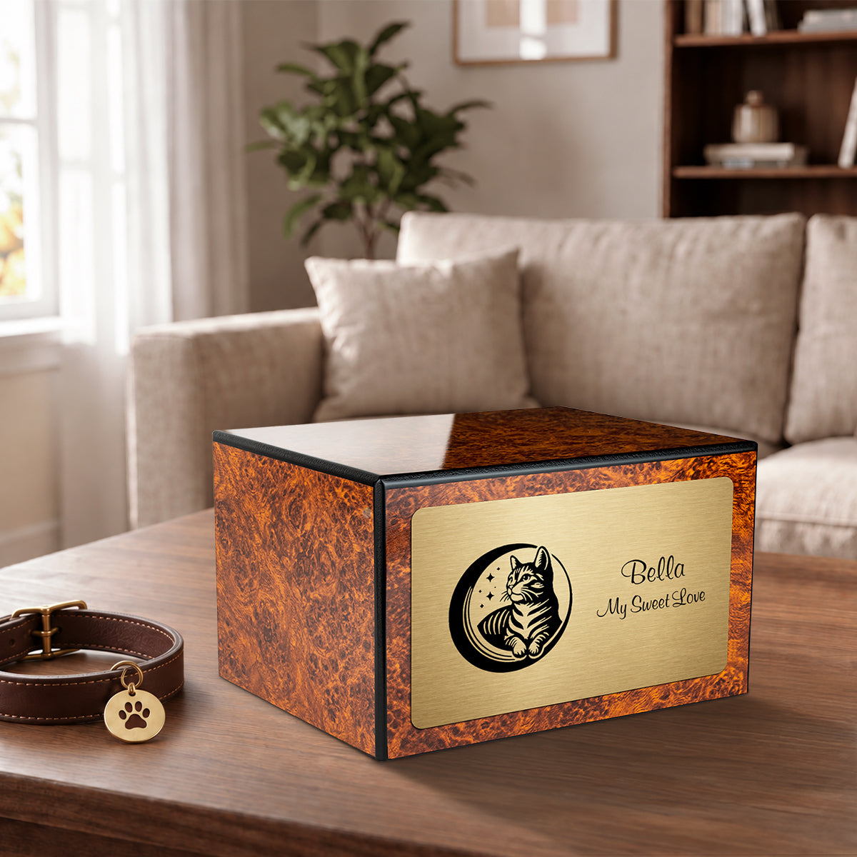 Heritage Burl Cute Cat Large Pet Cremation Box Urn