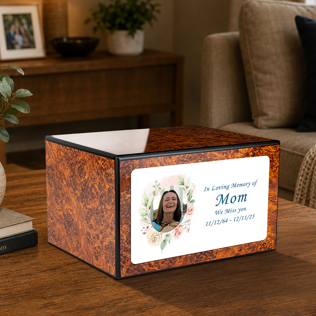 Custom Printed Heritage Burl Photo Frame Wood Box Cremation Urn