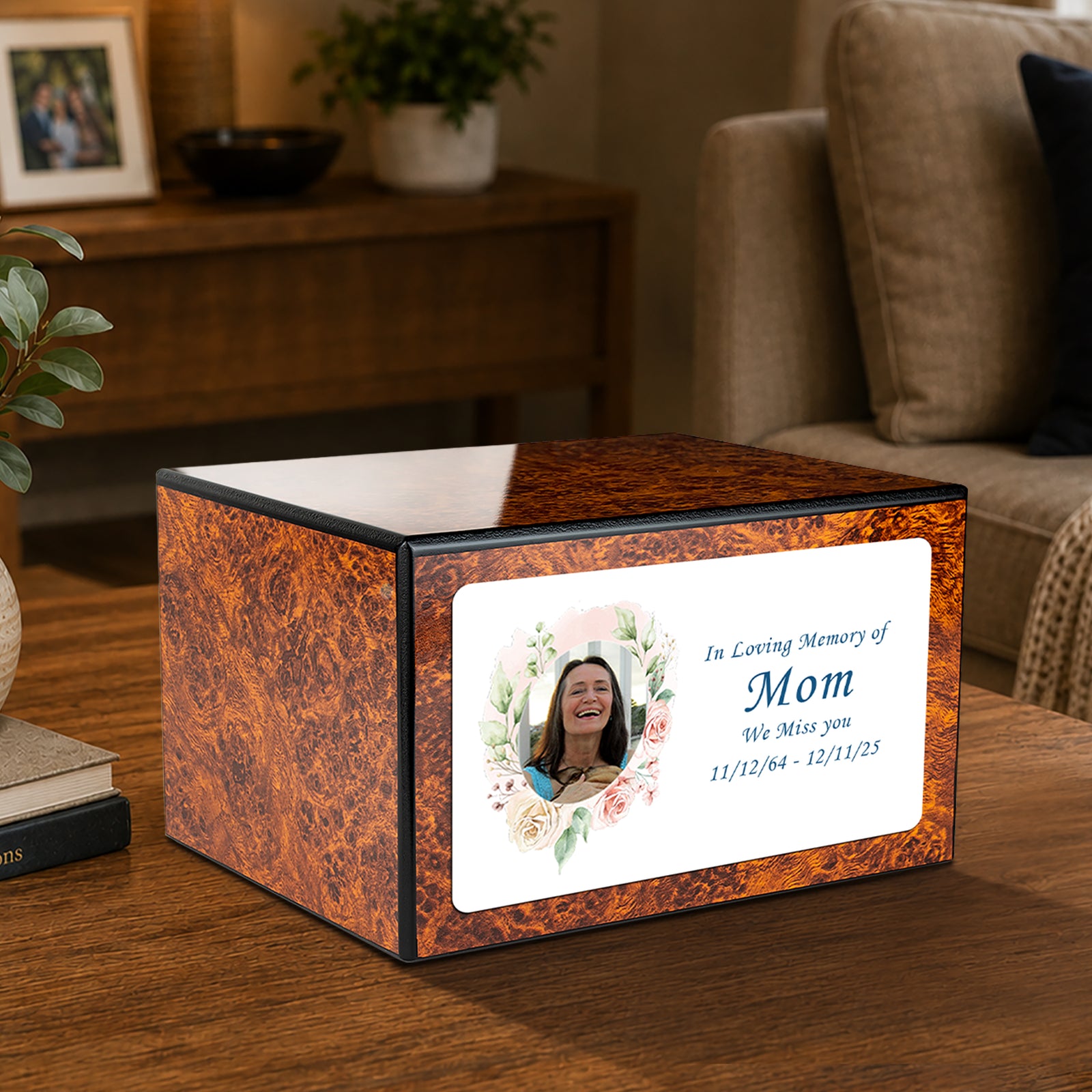 Custom Printed Heritage Burl Photo Frame Wood Box Cremation Urn