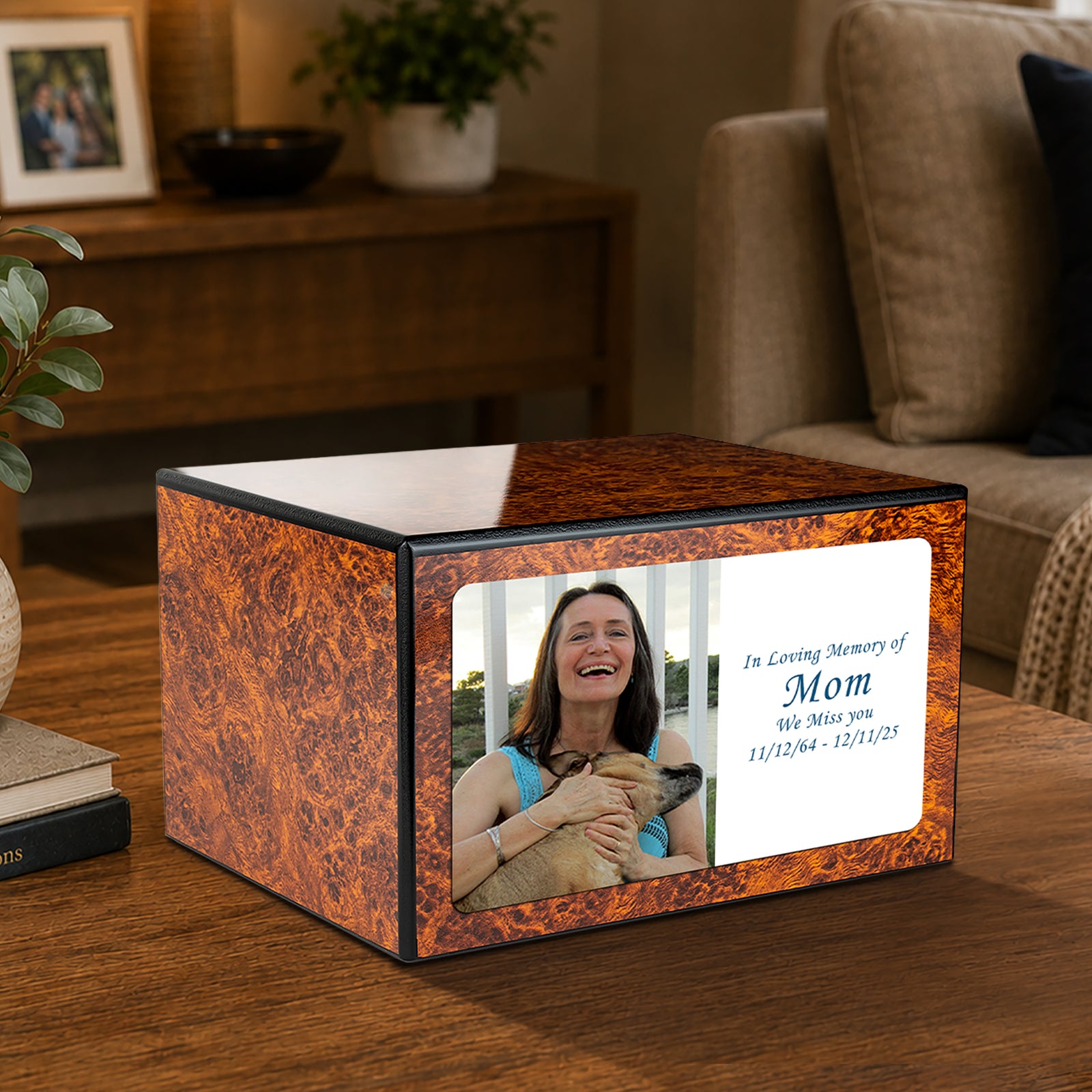Custom Printed Heritage Burl Photo Wood Box Cremation Urn