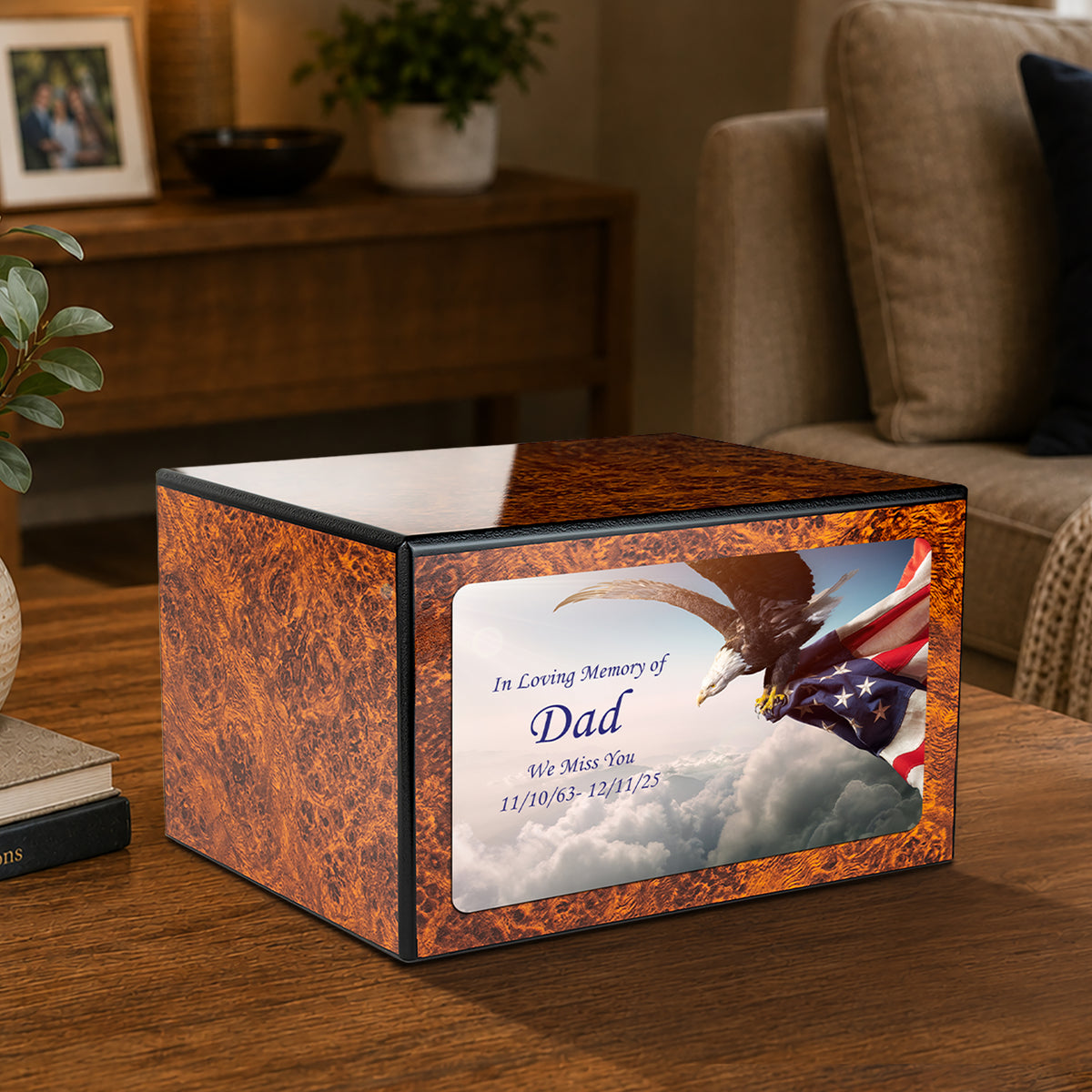 Custom Printed Heritage Burl American Eagle Wood Box Cremation Urn