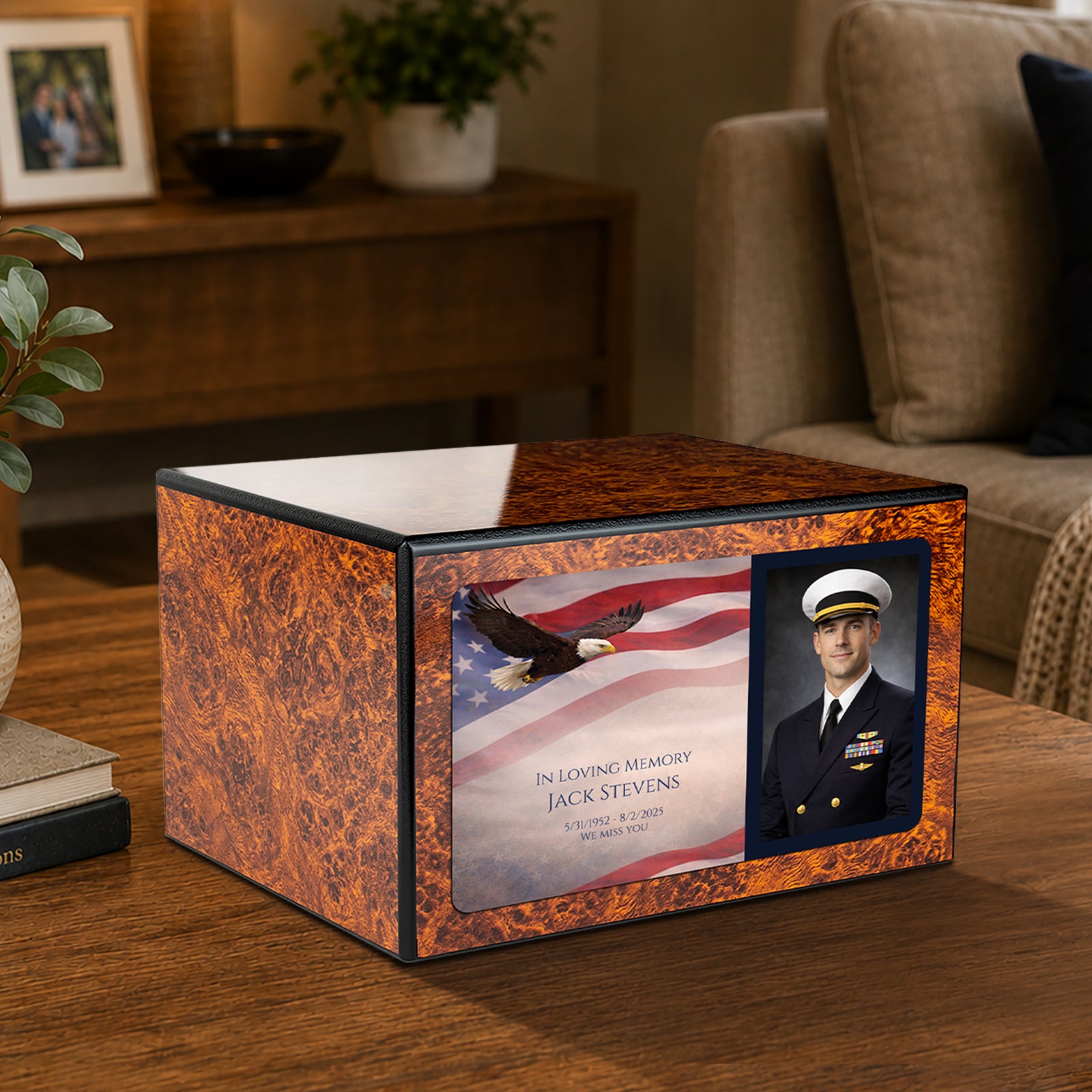 Custom Printed Heritage Burl Photo American Glory Wood Box Cremation Urn