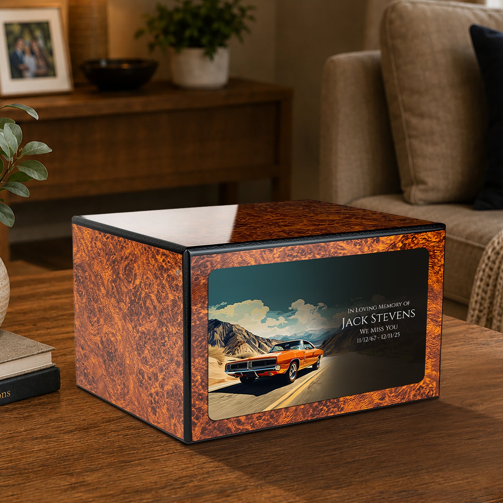 Custom Printed Heritage Burl Classic Car Wood Box Cremation Urn