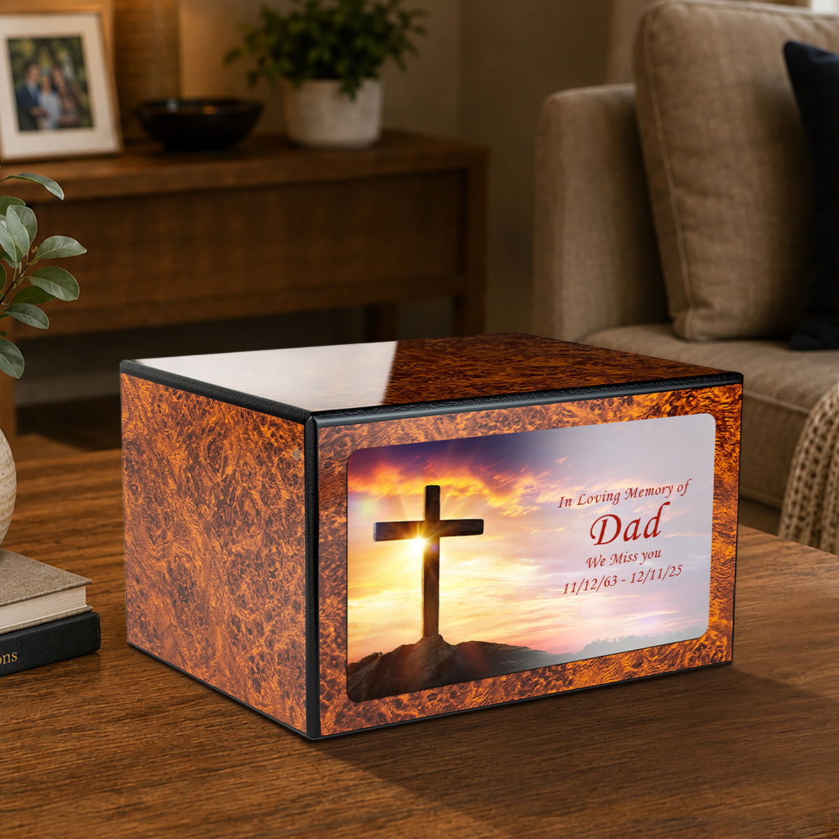 Custom Printed Heritage Burl Cross Wood Box Cremation Urn