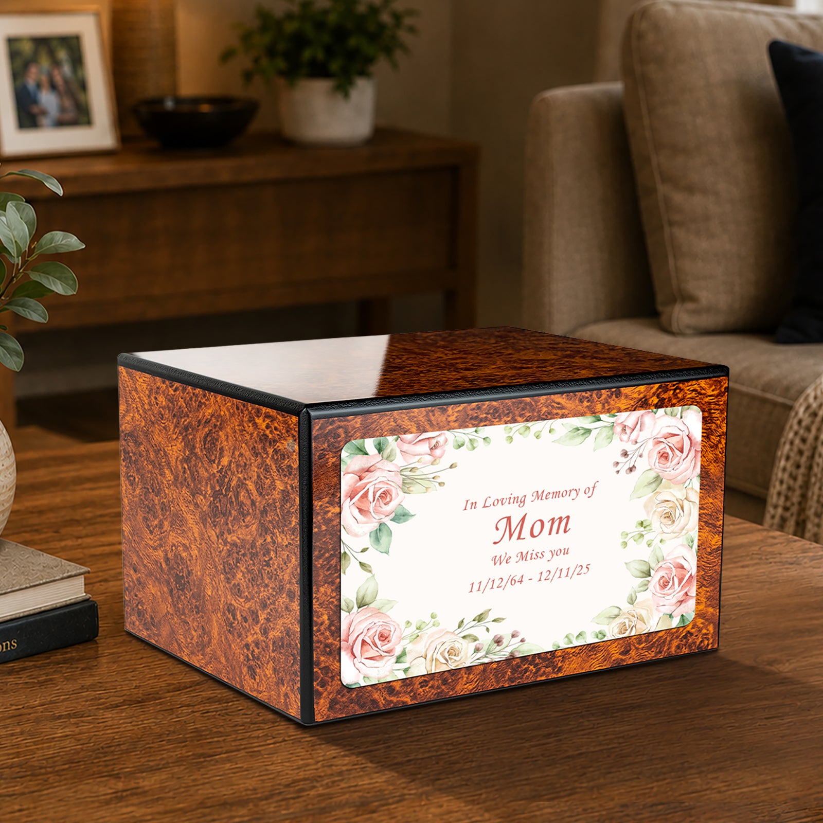 Custom Printed Heritage Burl Flower Frame Wood Box Cremation Urn