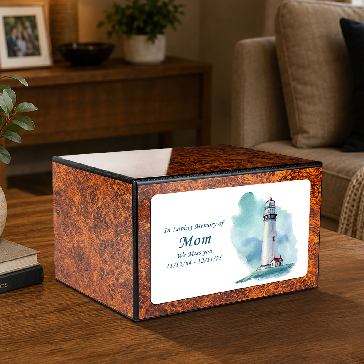 Custom Printed Heritage Burl Lighthouse Wood Box Cremation Urn
