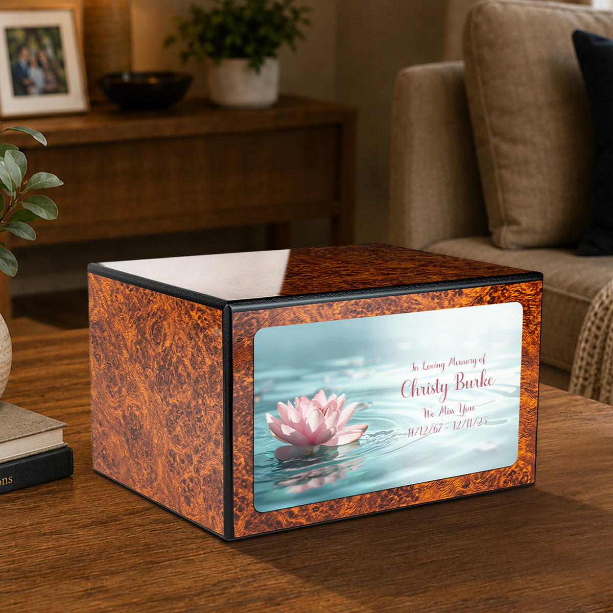 Custom Printed Heritage Burl Lotus Flower Wood Box Cremation Urn