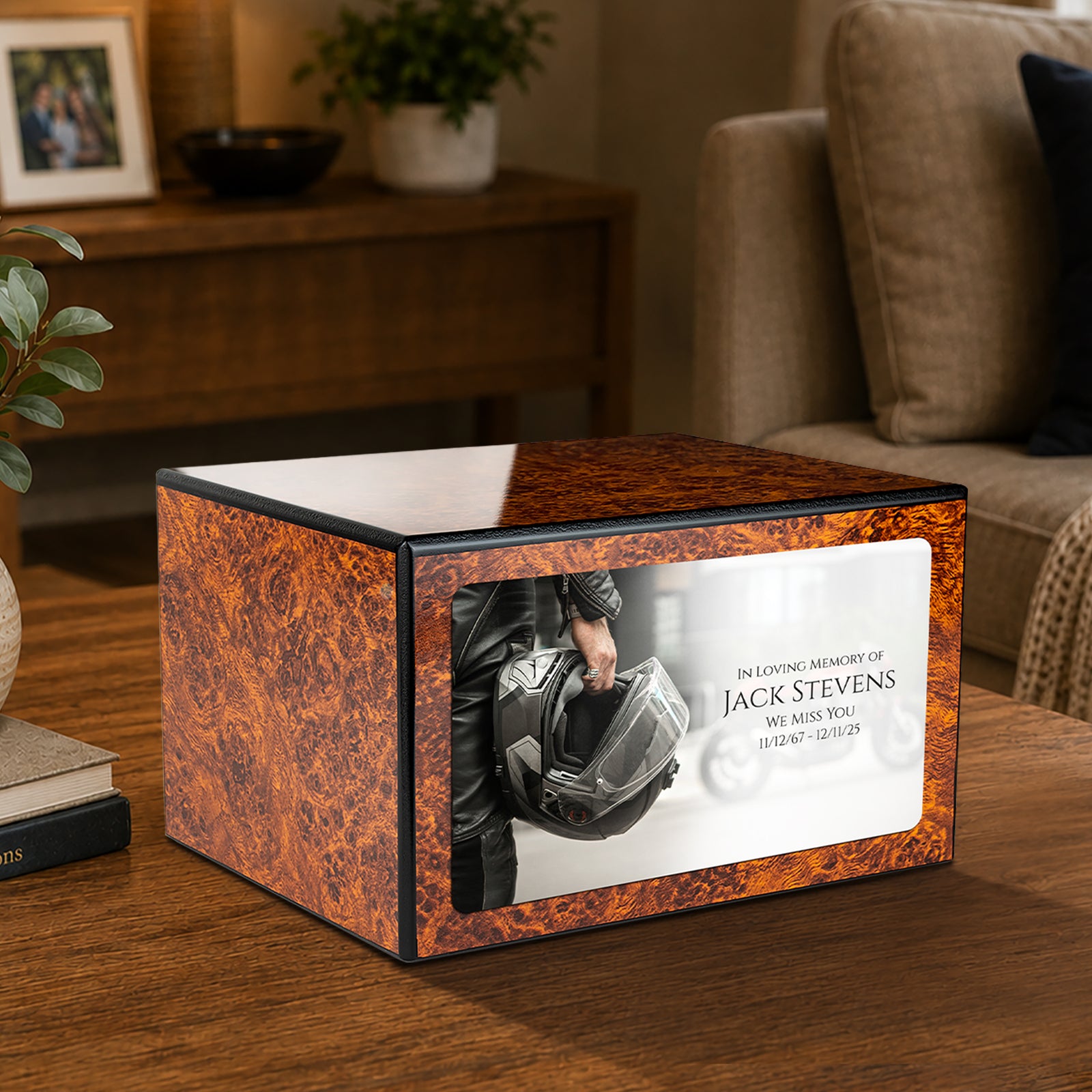 Custom Printed Heritage Burl Motorcycle Helmet Wood Box Cremation Urn