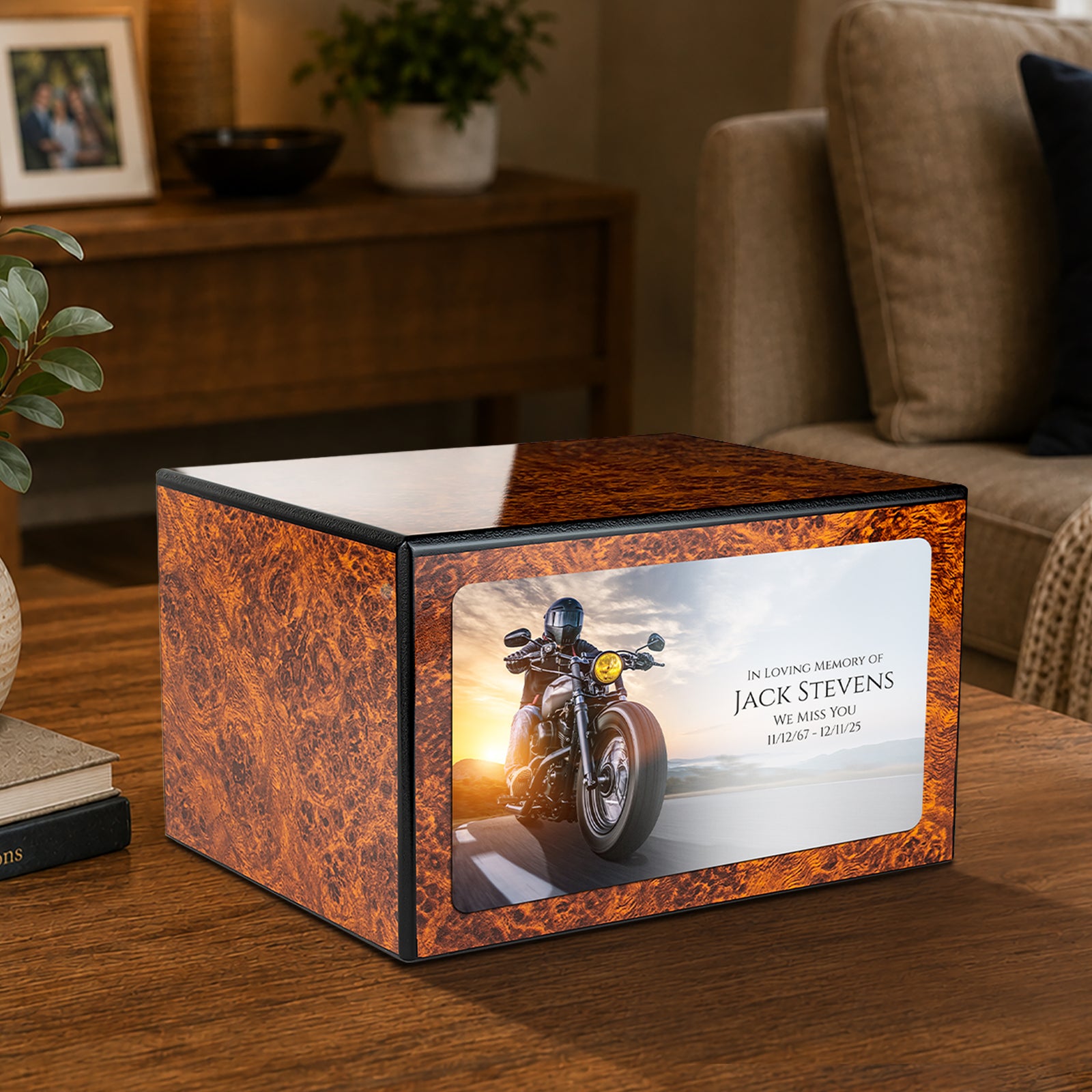 Custom Printed Heritage Burl Motorcycle Wood Box Cremation Urn