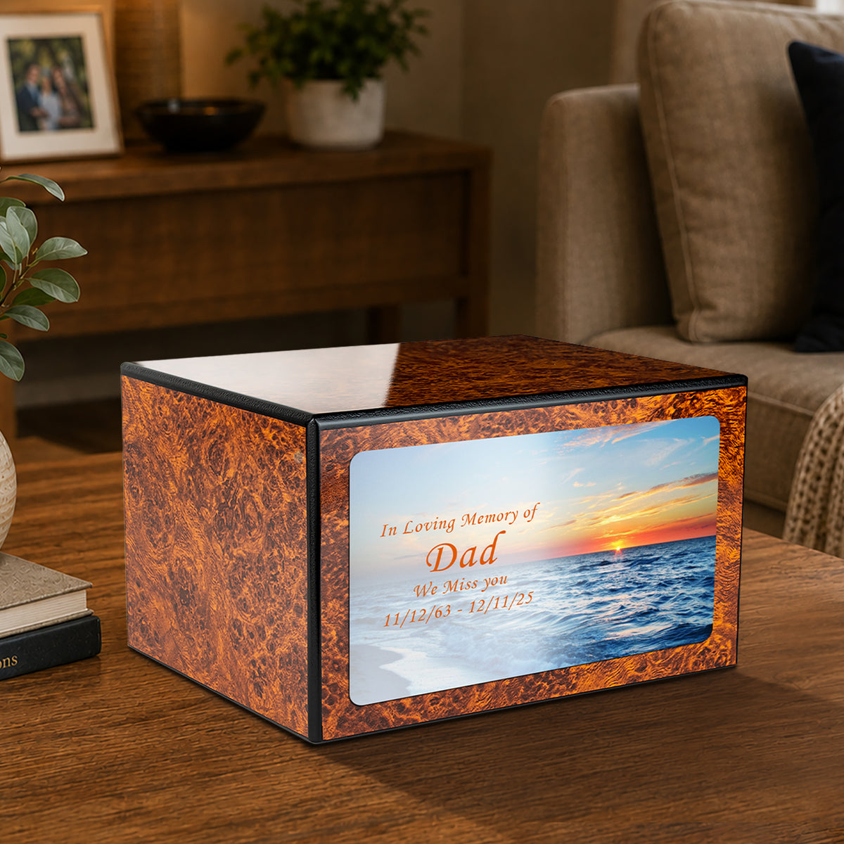 Custom Printed Heritage Burl Ocean Sunset Wood Box Cremation Urn