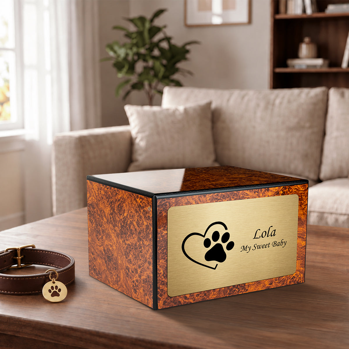 Heritage Burl Single Paw Heart Large Pet Cremation Box Urn