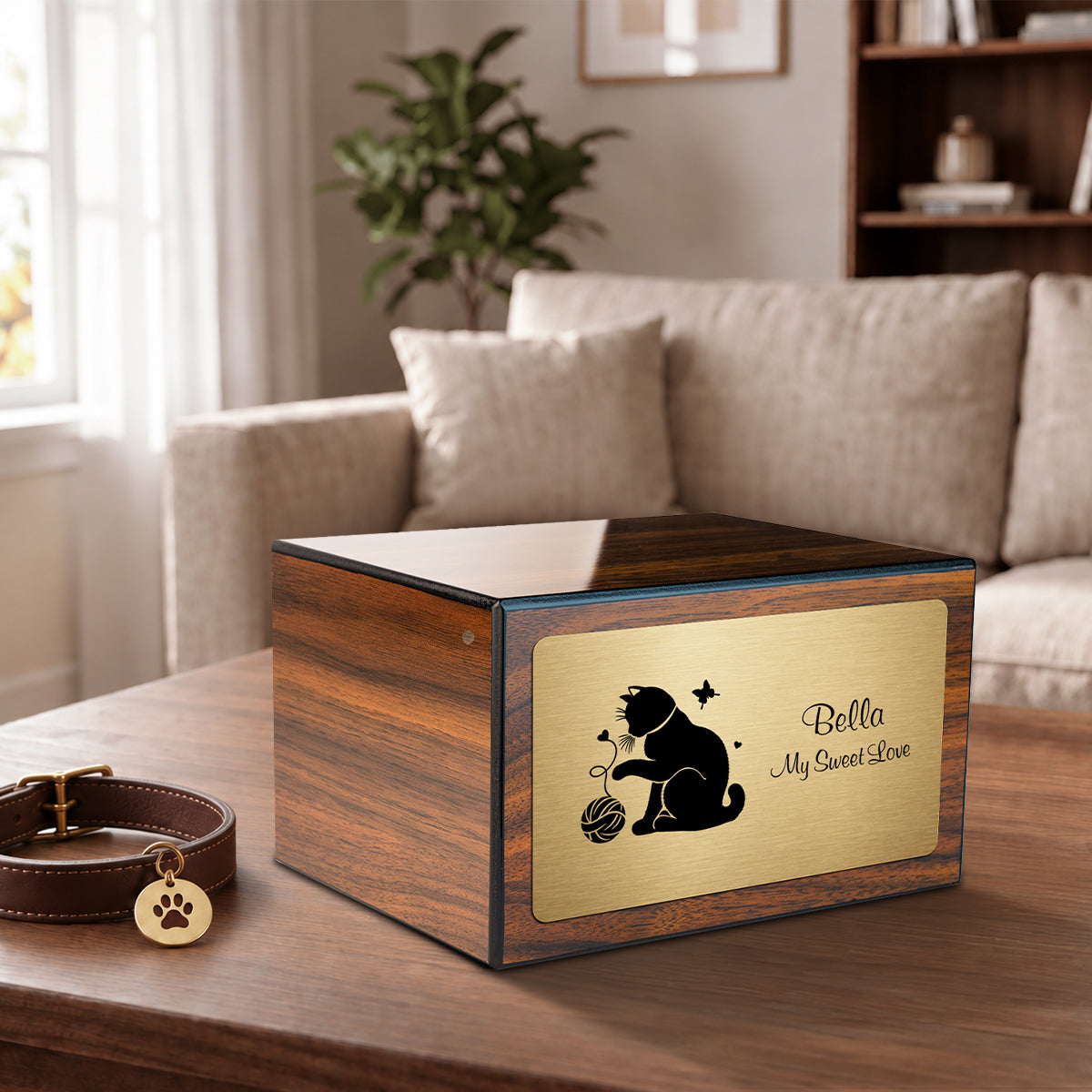 Heritage Walnut Fun Cat Large Pet Cremation Box Urn