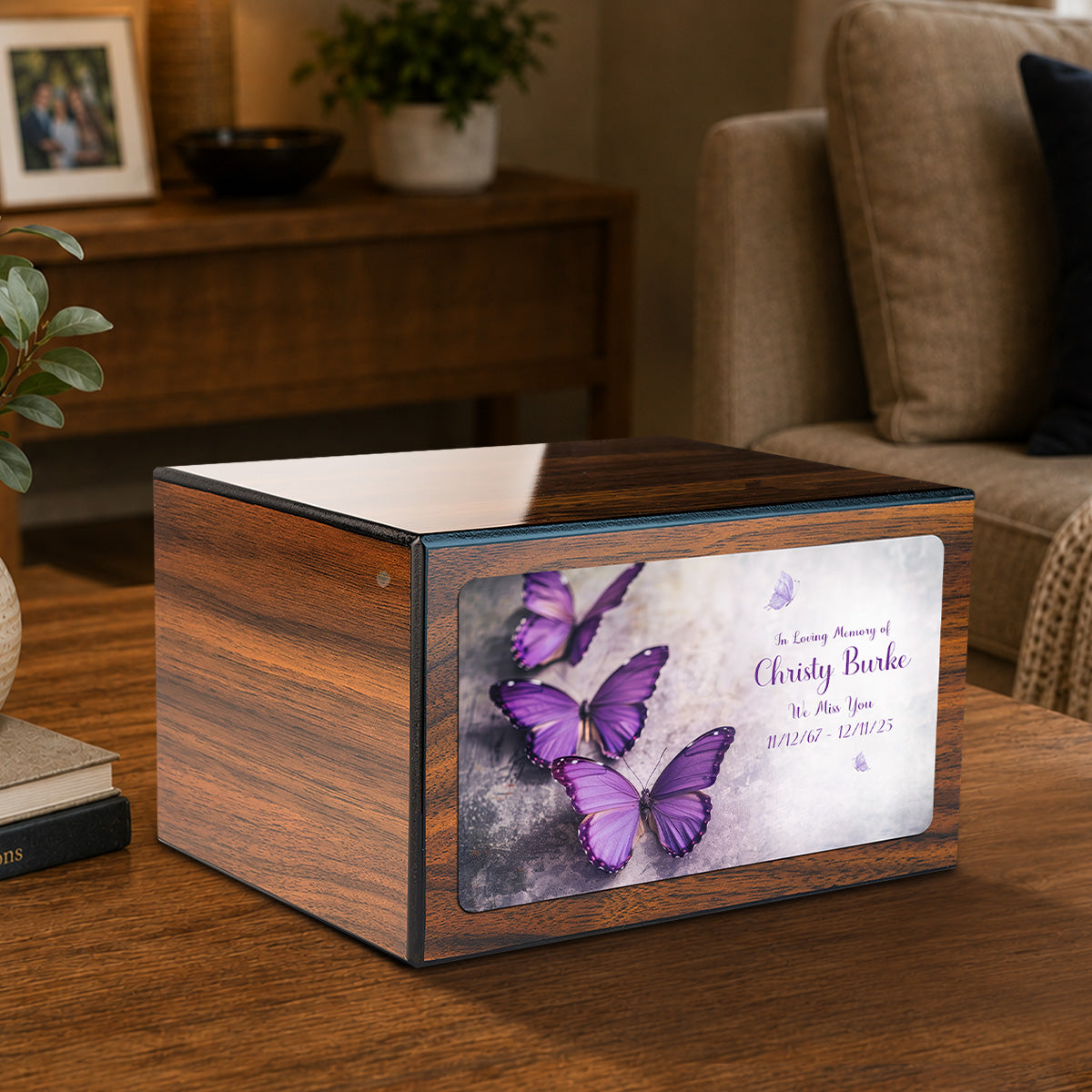 Custom Printed Heritage Walnut Butterflies Wood Box Cremation Urn