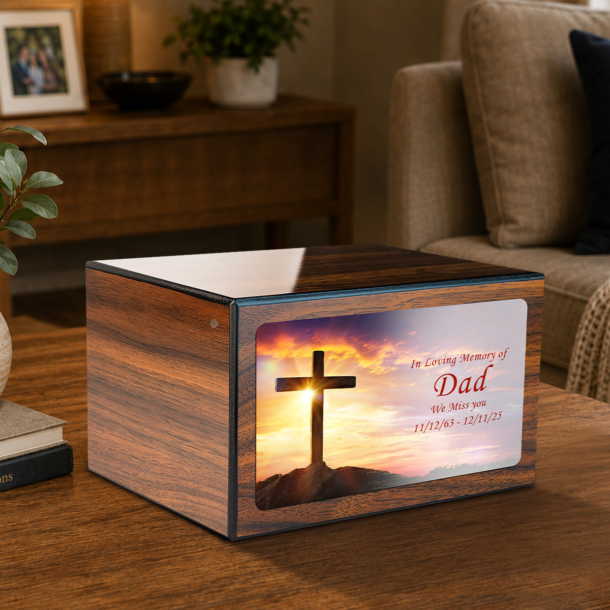 Custom Printed Heritage Walnut Cross Wood Box Cremation Urn