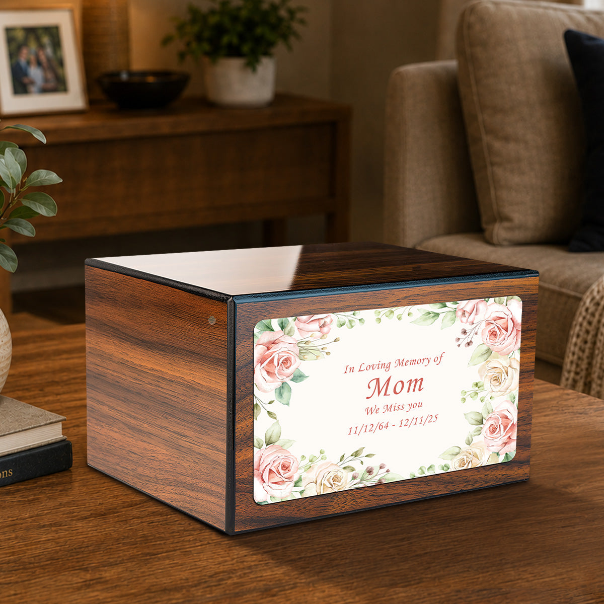 Custom Printed Heritage Walnut Flower Frame Wood Box Cremation Urn