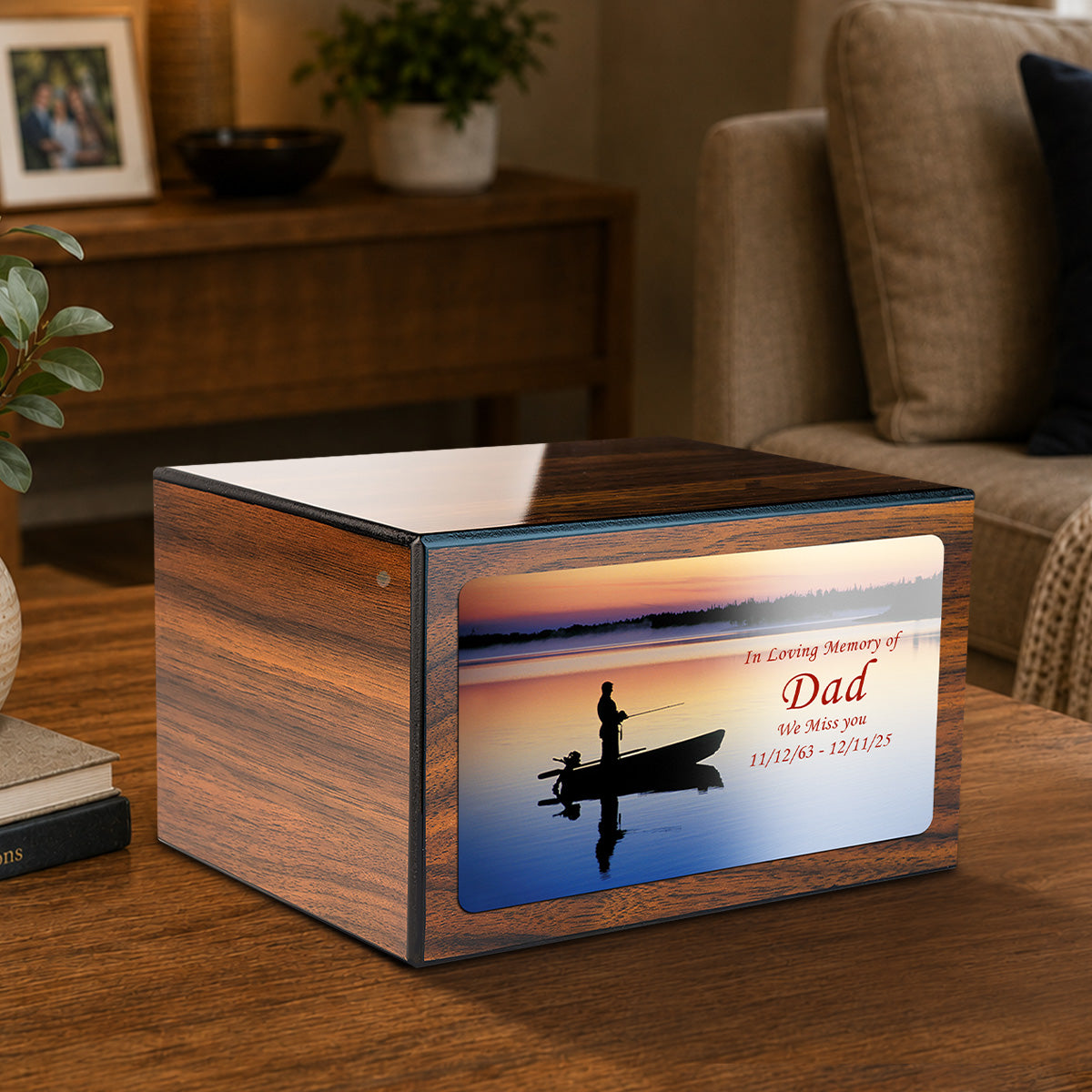 Custom Printed Heritage Walnut Fishing Wood Box Cremation Urn
