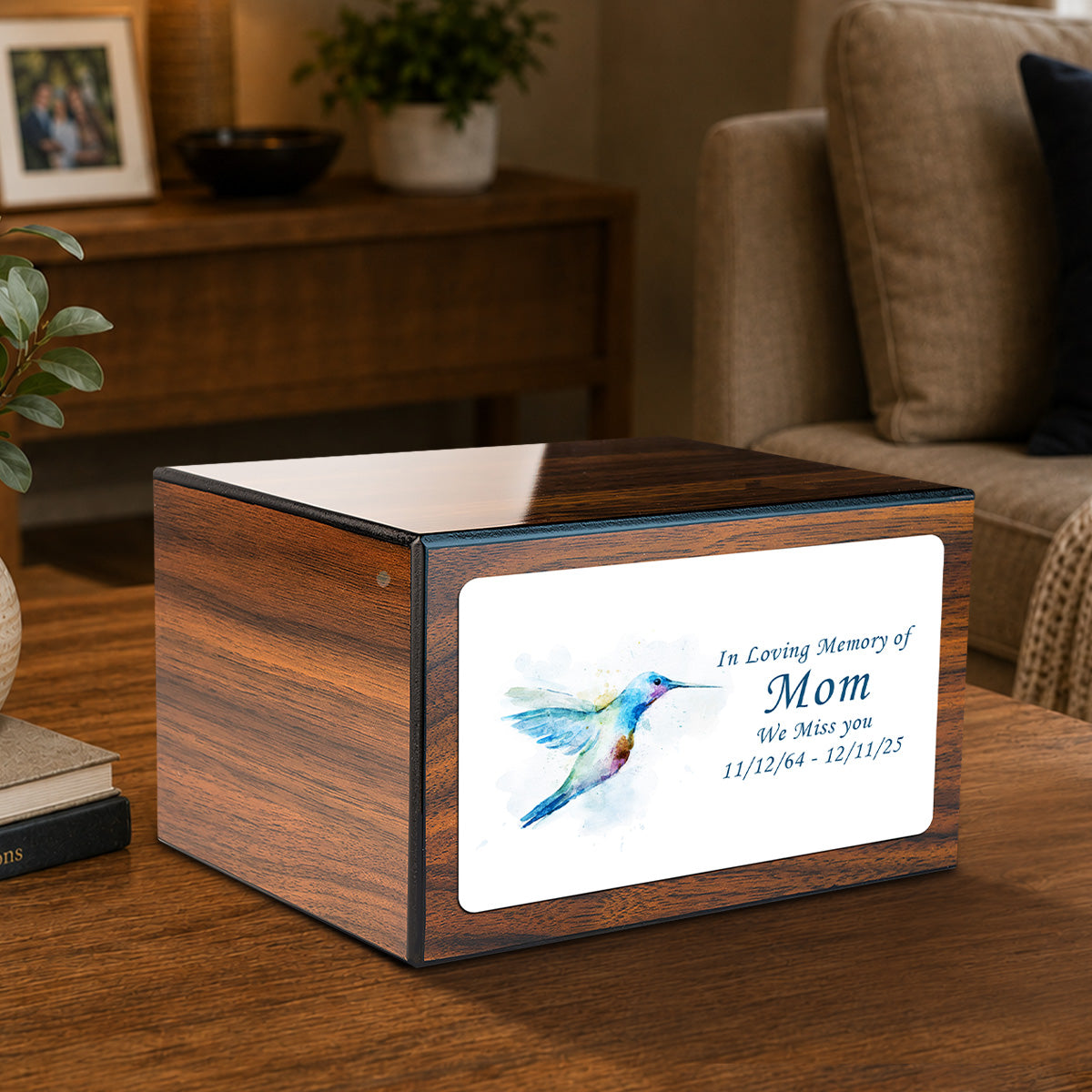 Custom Printed Heritage Walnut Hummingbird Wood Box Cremation Urn