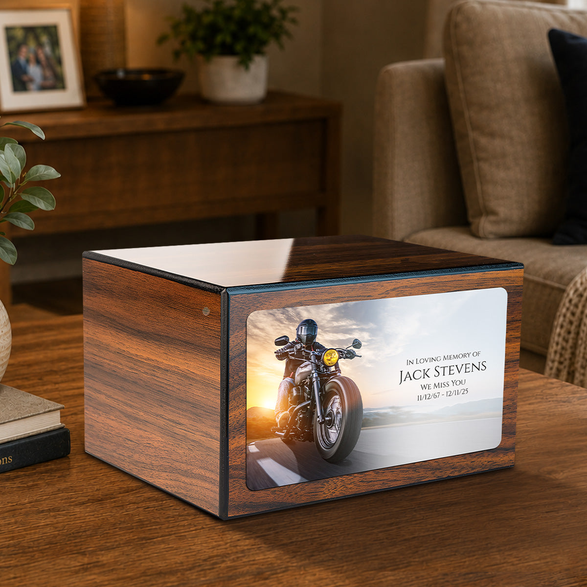 Custom Printed Heritage Walnut Motorcycle Wood Box Cremation Urn