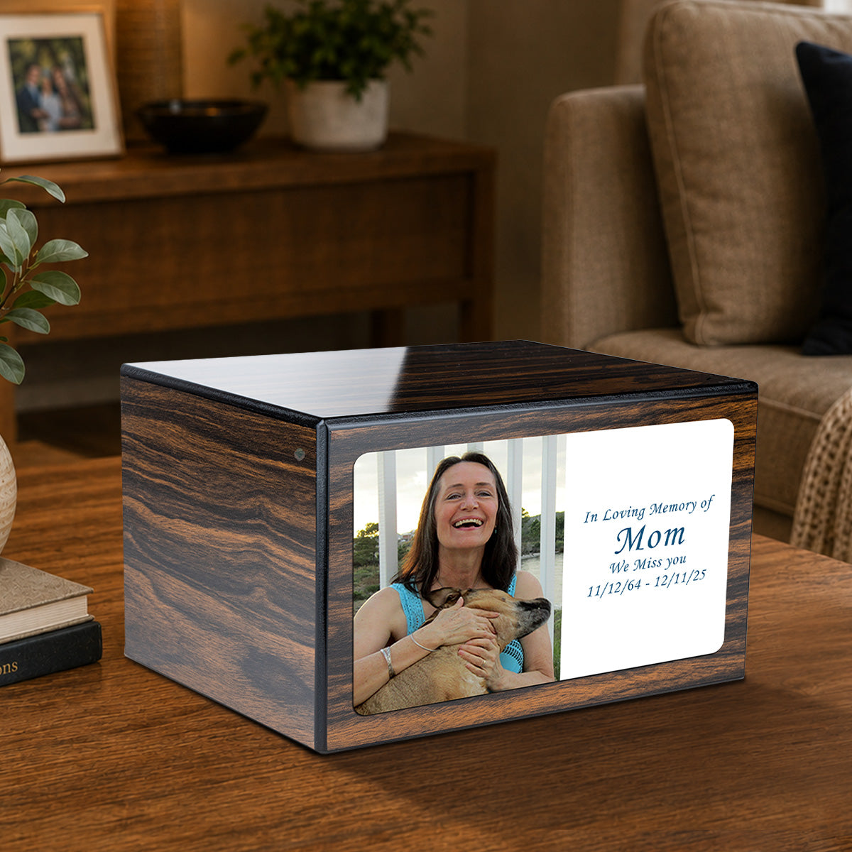 Custom Printed Heritage Espresso Photo Wood Box Cremation Urn