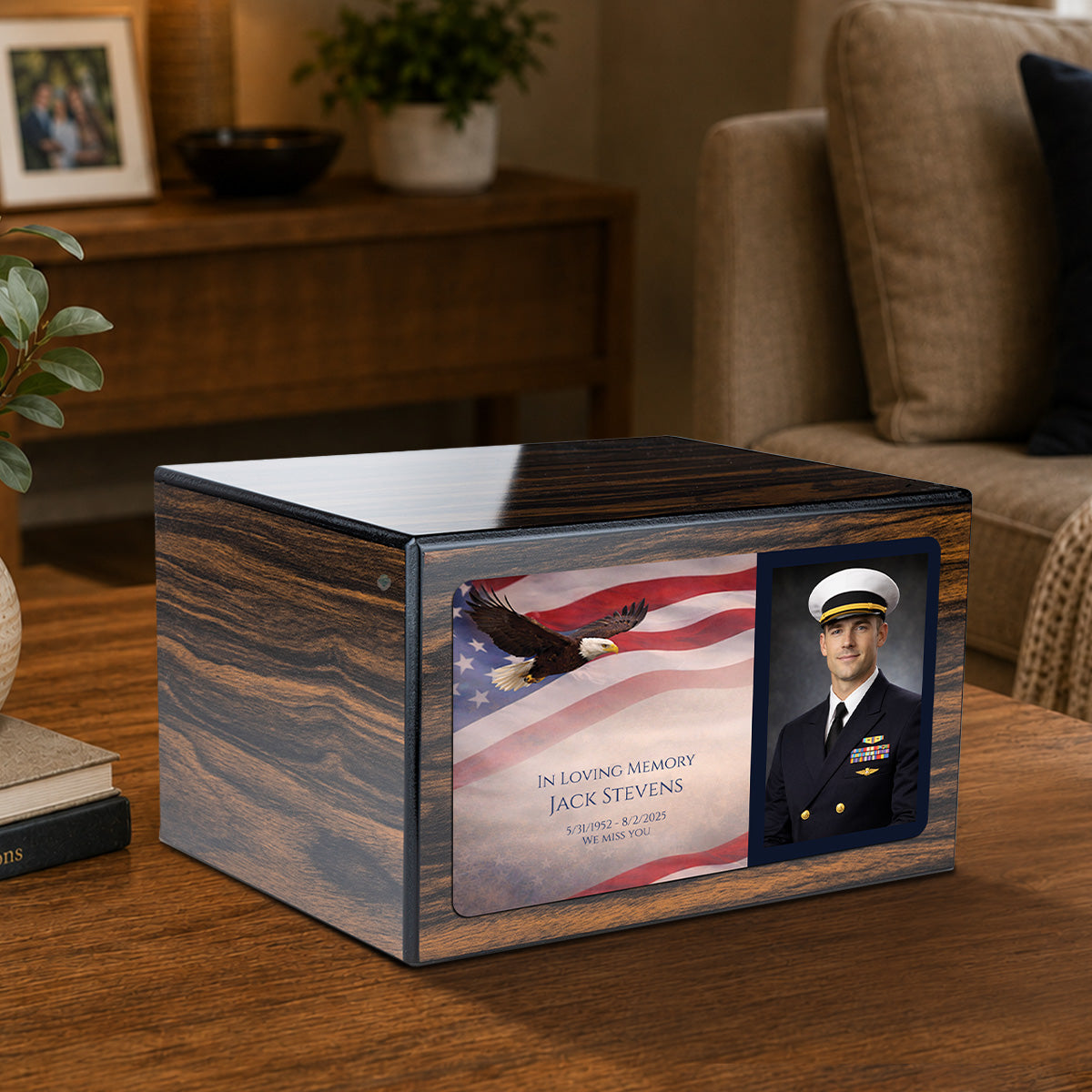 Custom Printed Heritage Espresso Photo American Glory Wood Box Cremation Urn