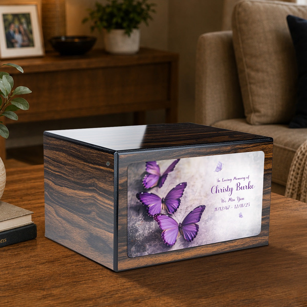 Custom Printed Heritage Espresso Butterflies Wood Box Cremation Urn