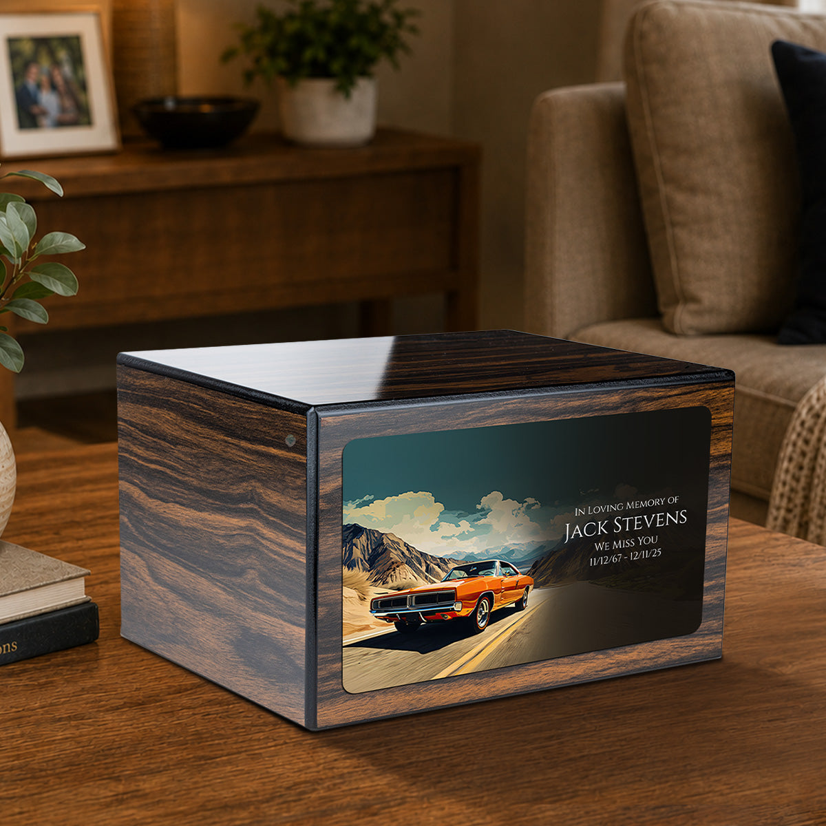 Custom Printed Heritage Espresso Classic Car Wood Box Cremation Urn